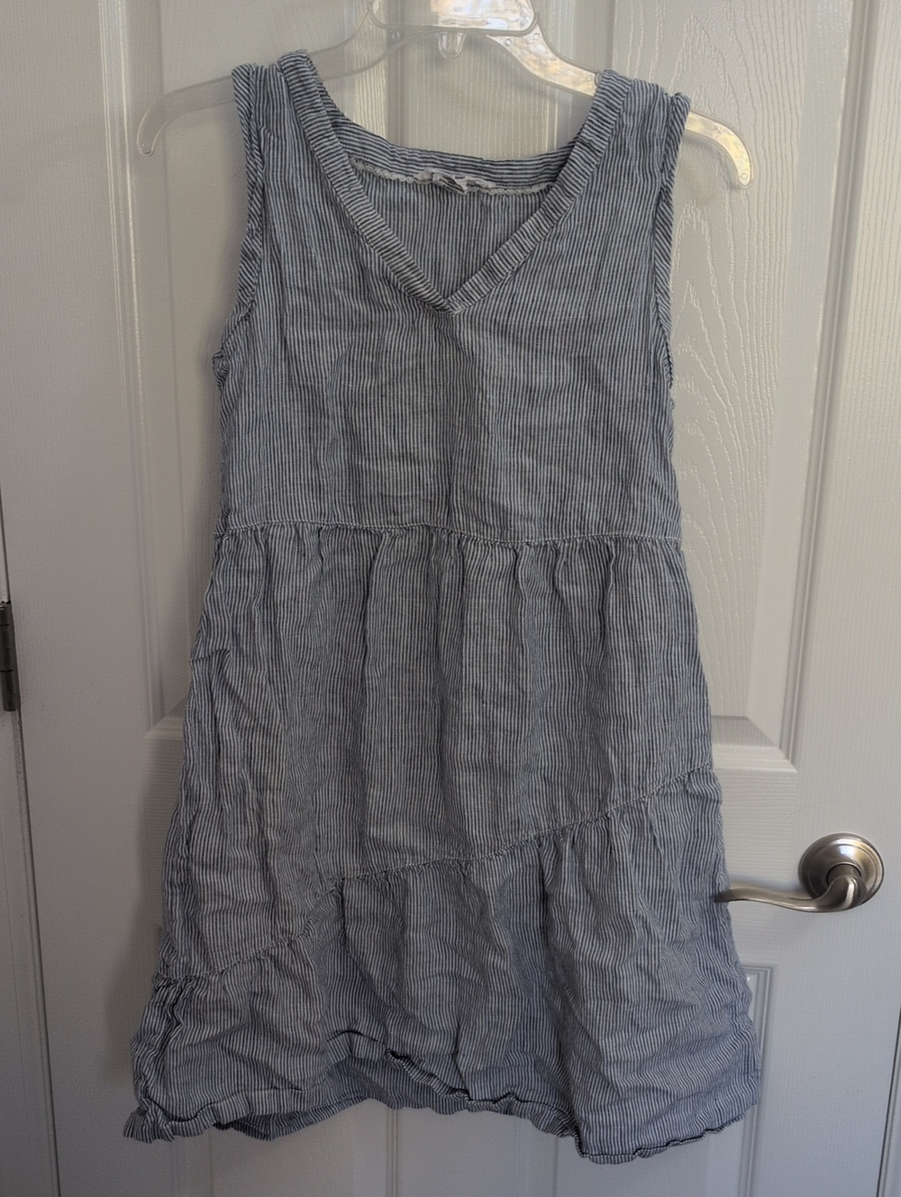 Lucky Brand Blue & White Pinstripe Linen Tiered Dress - S